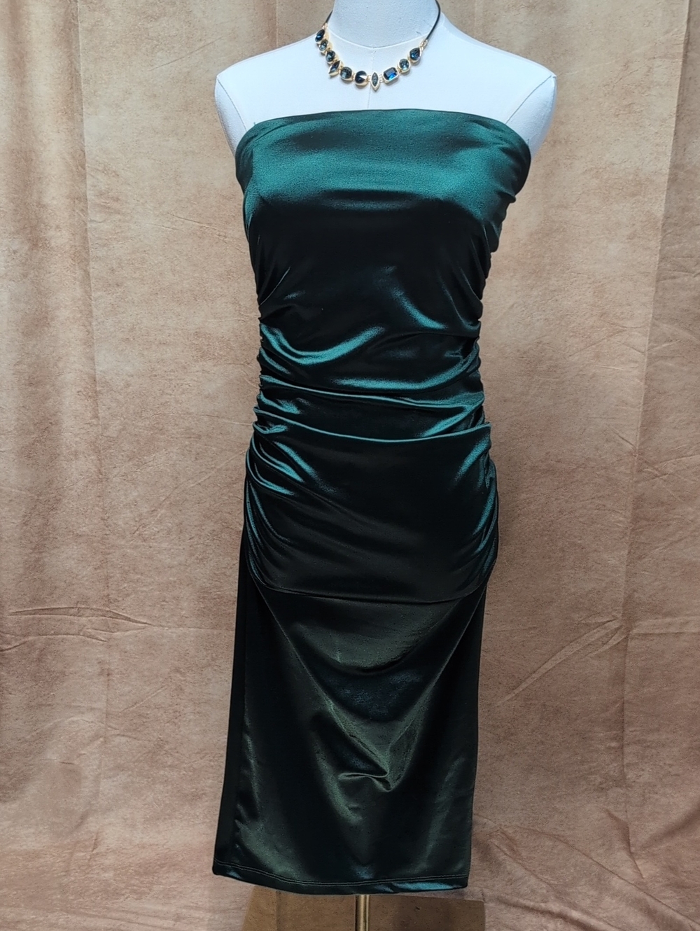 Strapless Satin Ruched Midi Dress in Deep Green